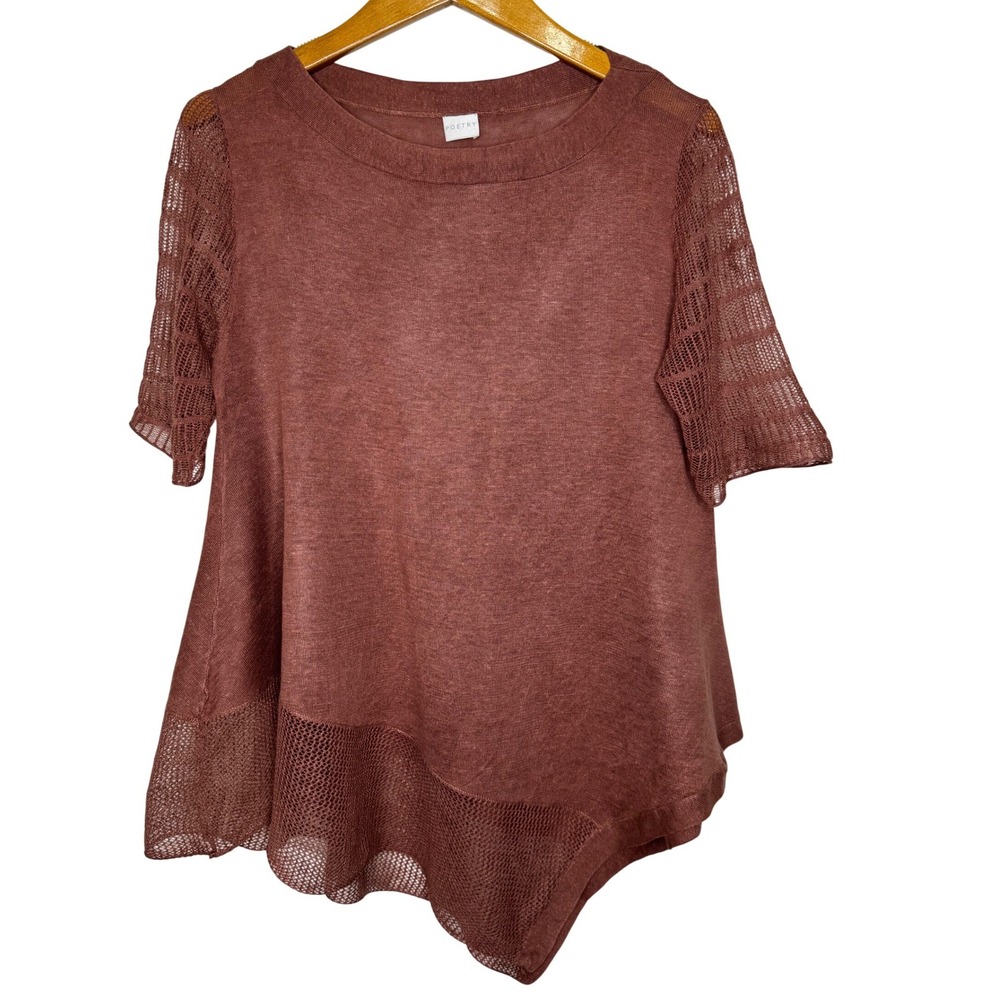 Poetry Linen Tunic Mesh Sleeves/Hem Brown Size 6